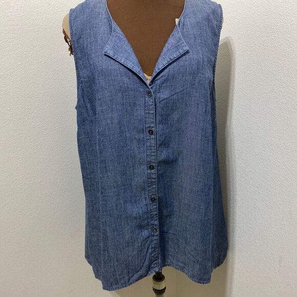 J Jill Large Blue Sleeveless Chambray Linen Blend Shirt Size Large - Picture 1 of 8